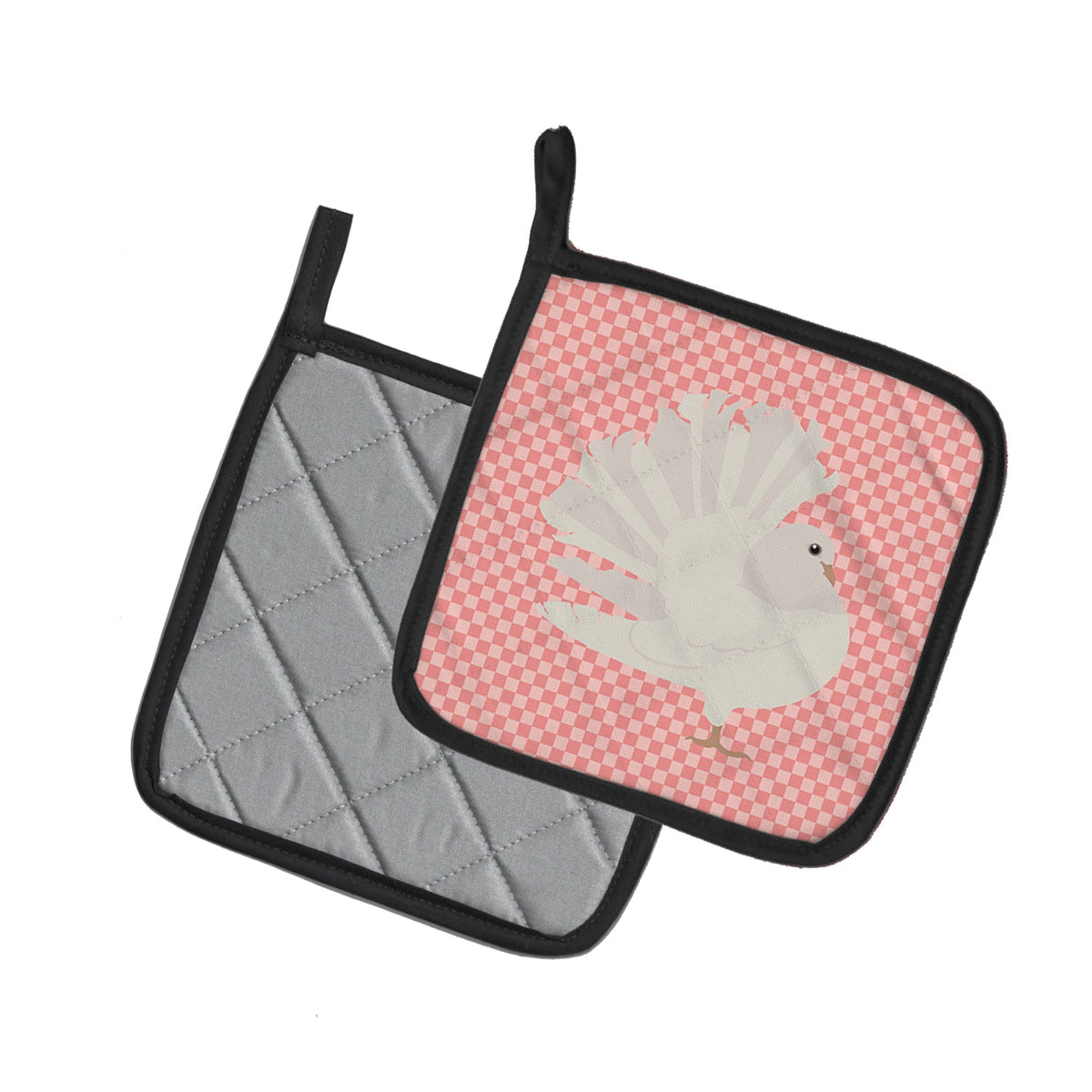 Silver Fantail Pigeon Pink Check Pot Holder Set of 2 Heat Resistant Quilted Hot Pads 7.5 x 7.5 Inch, Insulated Kitchen Trivets for Cooking & Baking