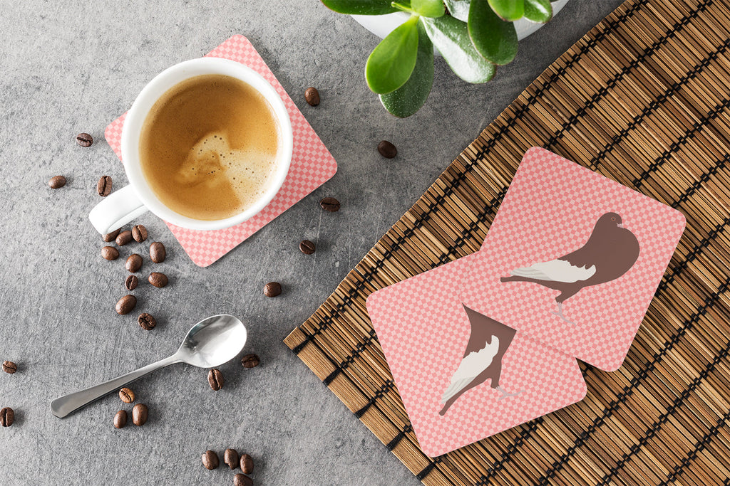 English Pouter Pigeon Pink Check Foam Coasters Set of 4 Cup Coasters for Indoor Outdoor, Tabletop Protection, Anti Slip, Mouse pad Material
