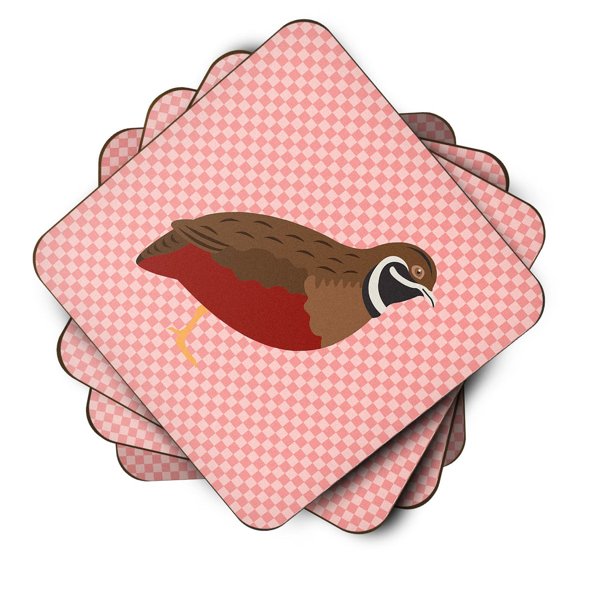 Chinese Painted or King Quail Pink Check Foam Coasters Set of 4 Cup Coasters for Indoor Outdoor, Tabletop Protection, Anti Slip, Mouse pad Material