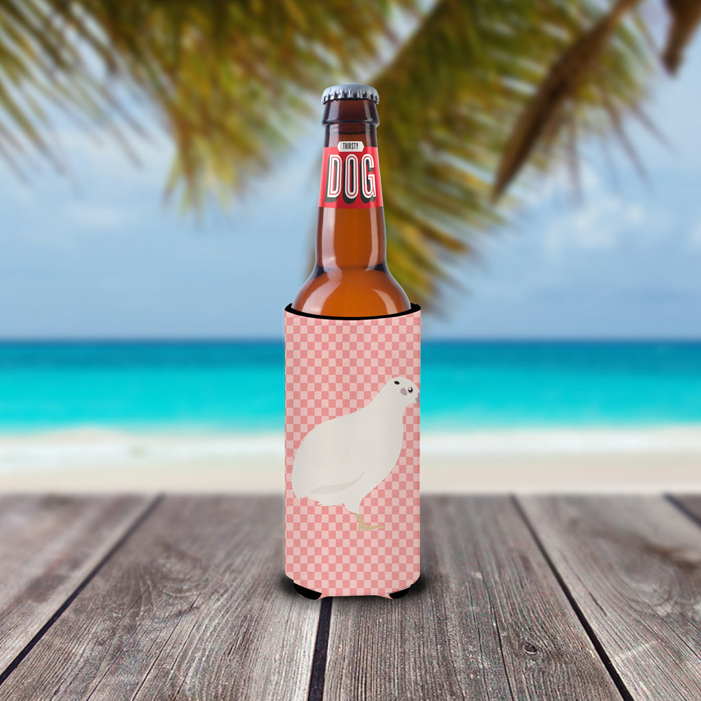 Texas Quail Pink Check Slim Can Hugger , Insulated Foam Hugger for 12 oz Slim Cans, Beer Bottles & Water Bottles, Printed in USA