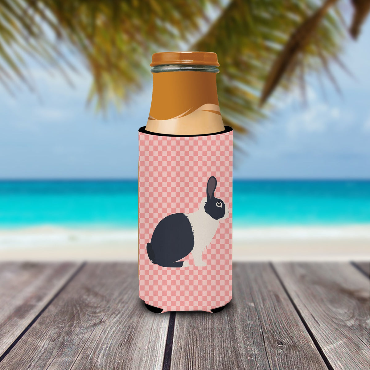 Dutch Rabbit Pink Check Slim Can Hugger , Insulated Foam Hugger for 12 oz Slim Cans, Beer Bottles & Water Bottles, Printed in USA