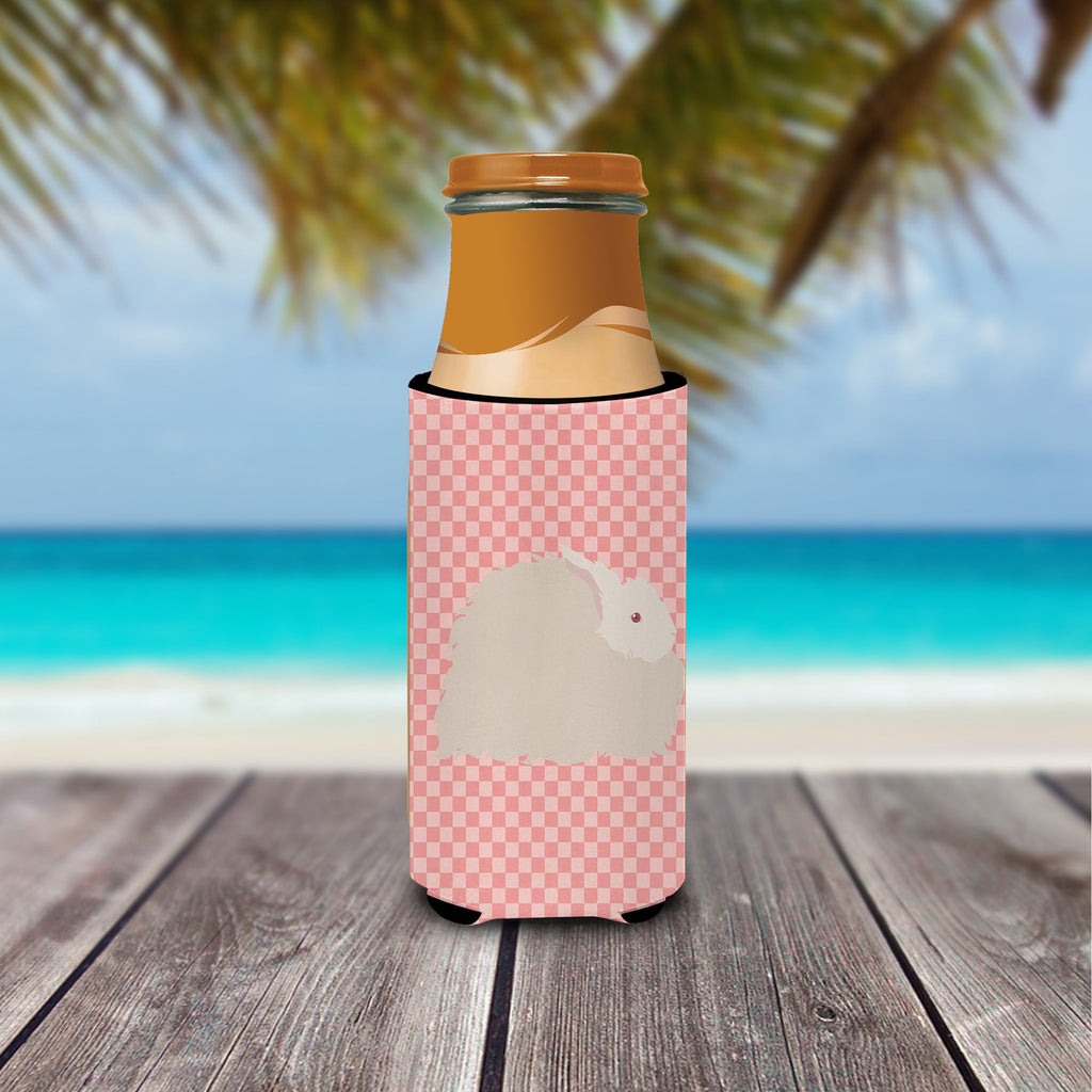 Fluffy Angora Rabbit Pink Check Slim Can Hugger , Insulated Foam Hugger for 12 oz Slim Cans, Beer Bottles & Water Bottles, Printed in USA