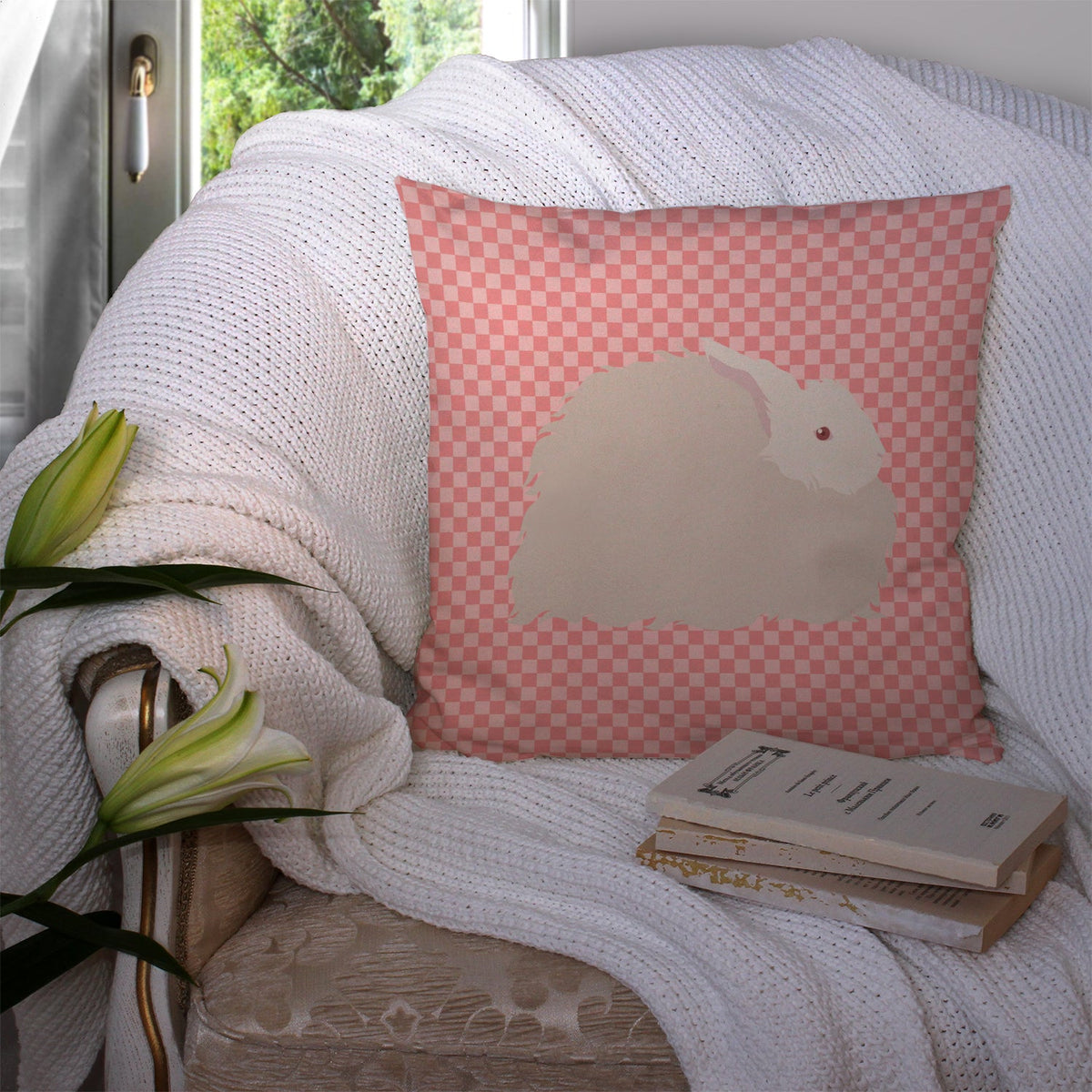 Fluffy Angora Rabbit Pink Check Decorative Throw Pillow 14x14 Indoor Outdoor Accent Cushion, Fabric Cover with Insert for Sofa, Bed, Porch & Living Room