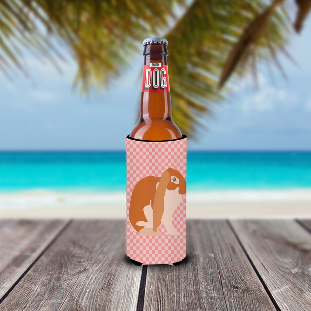 English Lop Rabbit Pink Check Slim Can Hugger , Insulated Foam Hugger for 12 oz Slim Cans, Beer Bottles & Water Bottles, Printed in USA