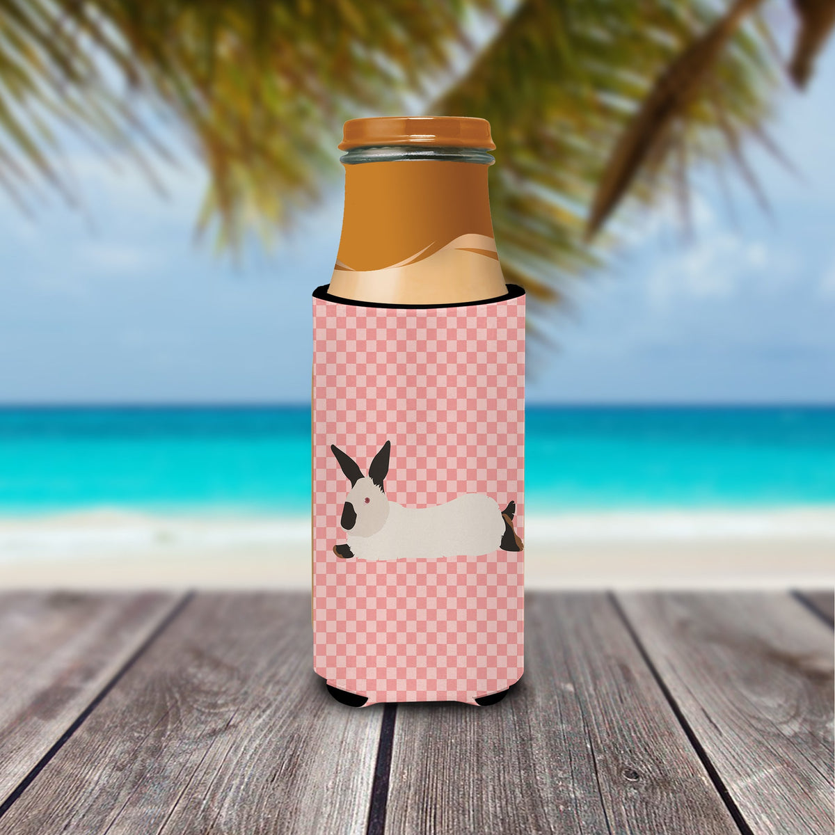 California White Rabbit Pink Check Slim Can Hugger , Insulated Foam Hugger for 12 oz Slim Cans, Beer Bottles & Water Bottles, Printed in USA