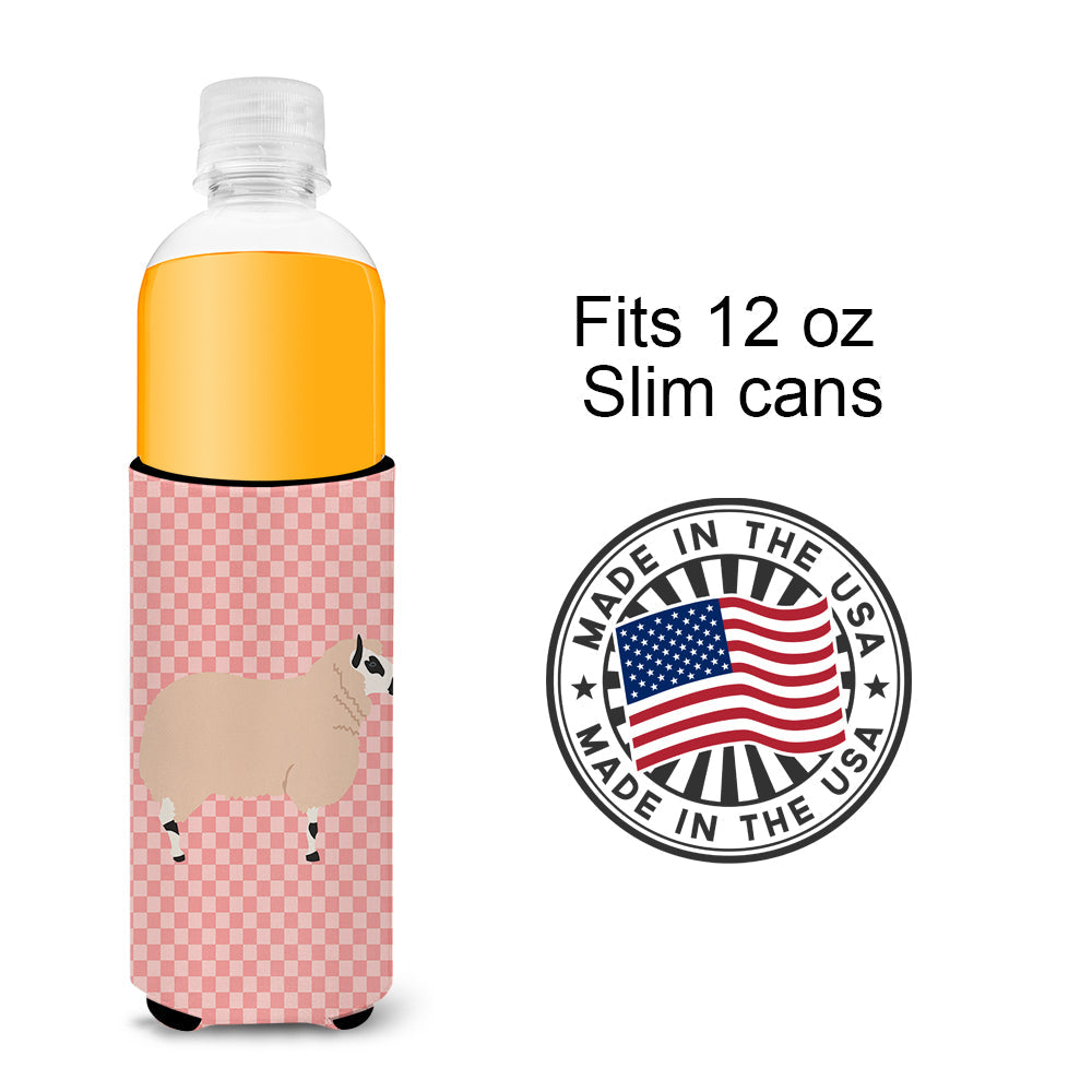Kerry Hill Sheep Pink Check Slim Can Hugger , Insulated Foam Hugger for 12 oz Slim Cans, Beer Bottles & Water Bottles, Printed in USA