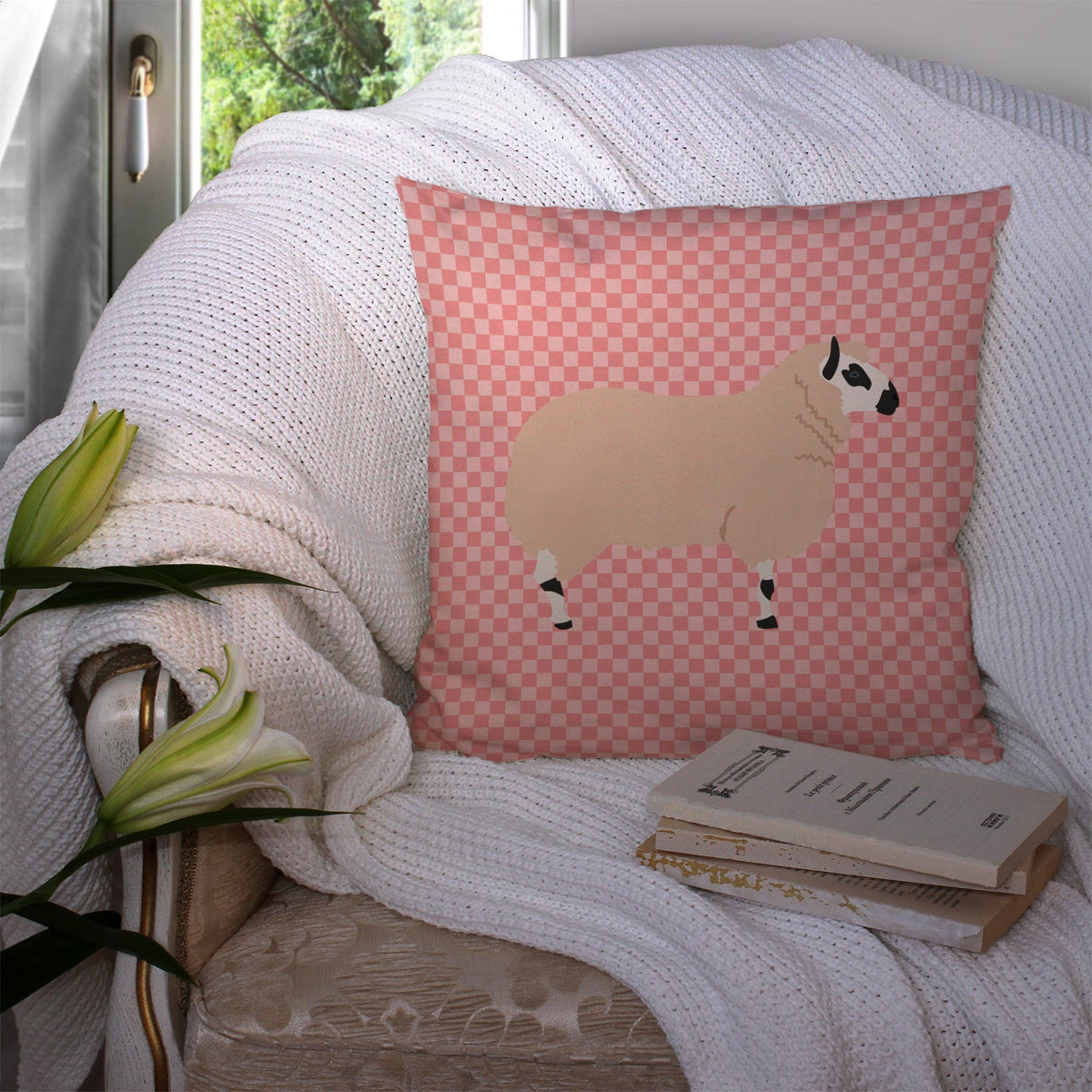 Kerry Hill Sheep Pink Check Decorative Throw Pillow 14x14 Indoor Outdoor Accent Cushion, Fabric Cover with Insert for Sofa, Bed, Porch & Living Room
