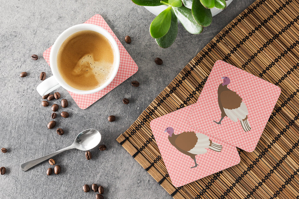 Bourbon Red Turkey Hen Pink Check Foam Coasters Set of 4 Cup Coasters for Indoor Outdoor, Tabletop Protection, Anti Slip, Mouse pad Material
