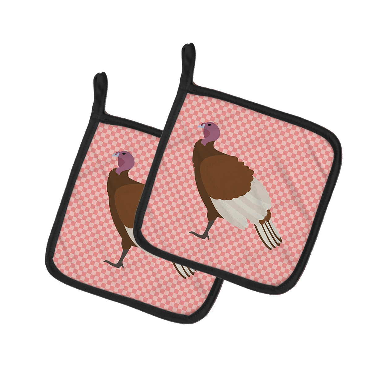 Bourbon Red Turkey Hen Pink Check Pot Holder Set of 2 Heat Resistant Quilted Hot Pads 7.5 x 7.5 Inch, Insulated Kitchen Trivets for Cooking & Baking