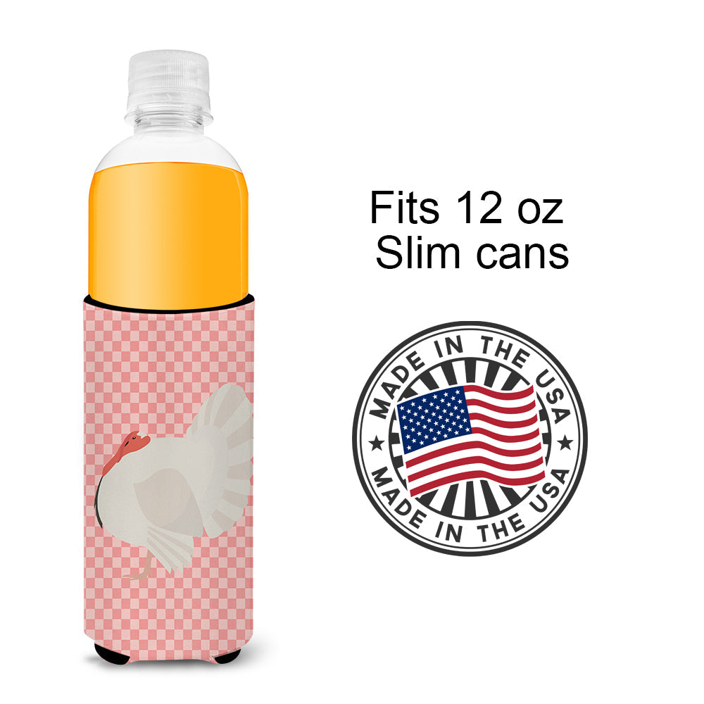 White Holland Turkey Pink Check Slim Can Hugger , Insulated Foam Hugger for 12 oz Slim Cans, Beer Bottles & Water Bottles, Printed in USA