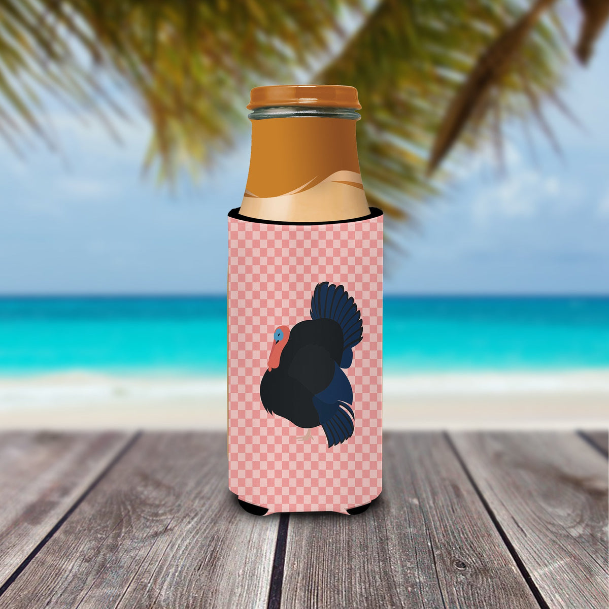 Norfolk Black Turkey Pink Check Slim Can Hugger , Insulated Foam Hugger for 12 oz Slim Cans, Beer Bottles & Water Bottles, Printed in USA