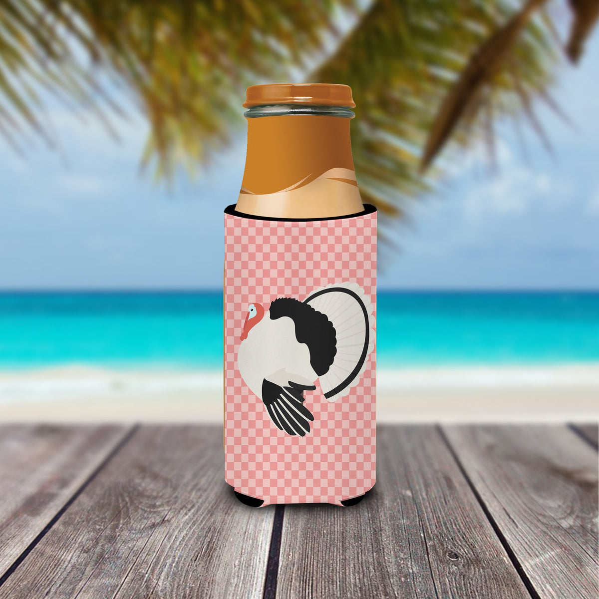 Royal Palm Turkey Pink Check Slim Can Hugger , Insulated Foam Hugger for 12 oz Slim Cans, Beer Bottles & Water Bottles, Printed in USA