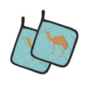 Arabian Camel Dromedary Blue Check Pot Holder Set of 2 Heat Resistant Quilted Hot Pads 7.5 x 7.5 Inch, Insulated Kitchen Trivets for Cooking & Baking