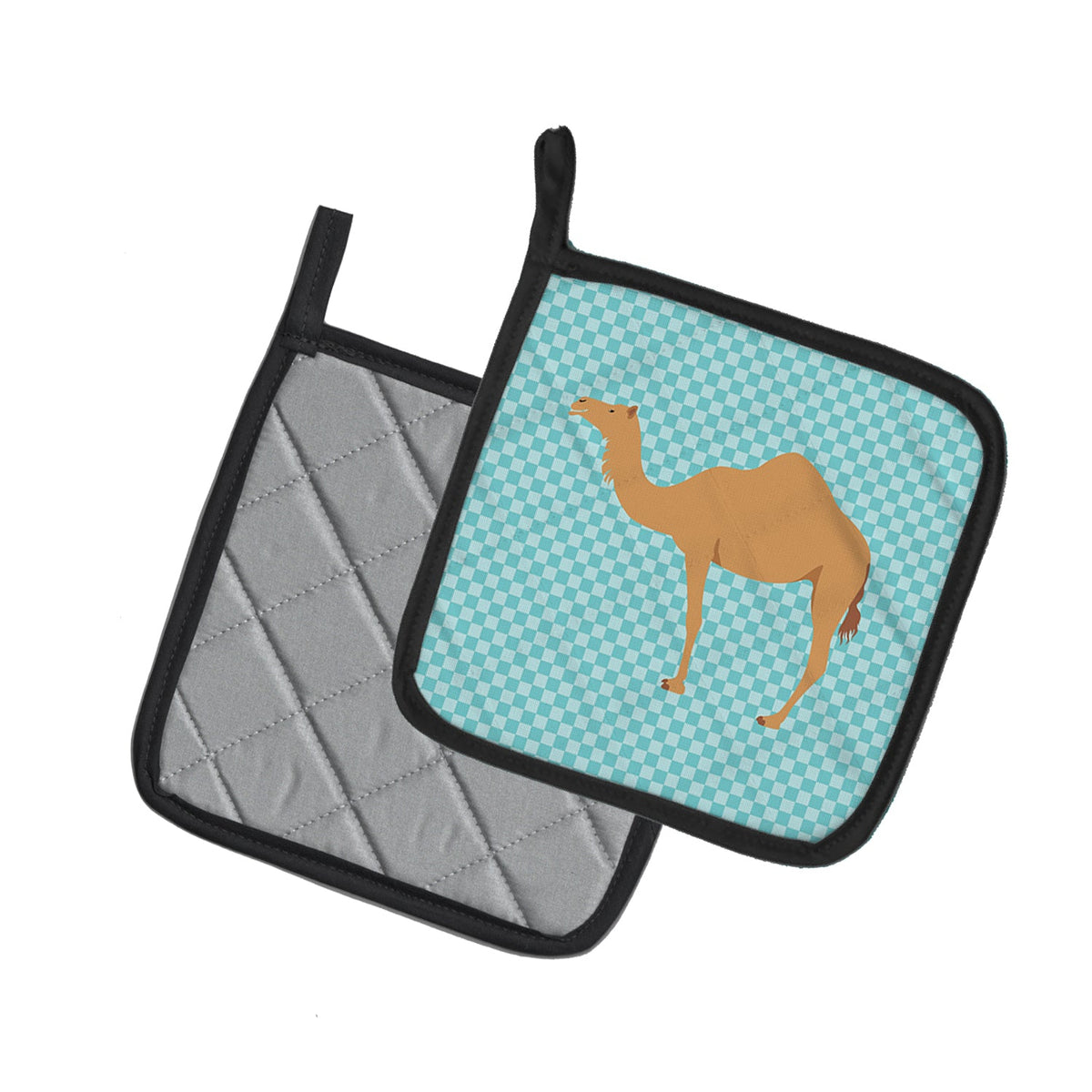 Arabian Camel Dromedary Blue Check Pot Holder Set of 2 Heat Resistant Quilted Hot Pads 7.5 x 7.5 Inch, Insulated Kitchen Trivets for Cooking & Baking