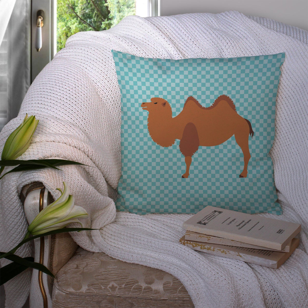 Bactrian Camel Blue Check Decorative Throw Pillow 14x14 Indoor Outdoor Accent Cushion, Fabric Cover with Insert for Sofa, Bed, Porch & Living Room