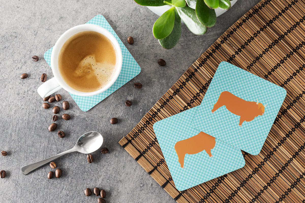 Highland Cow Blue Check Foam Coasters Set of 4 Cup Coasters for Indoor Outdoor, Tabletop Protection, Anti Slip, Mouse pad Material