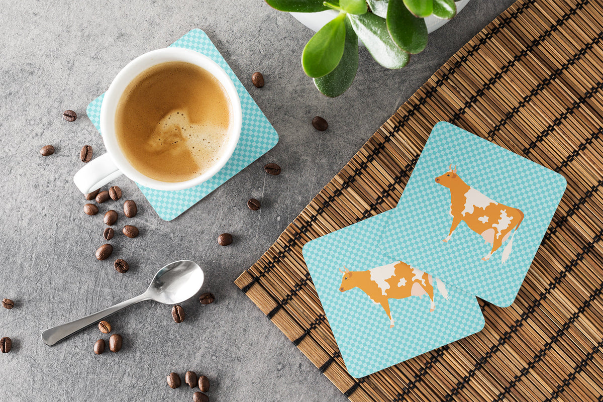 Guernsey Cow Blue Check Foam Coasters Set of 4 Cup Coasters for Indoor Outdoor, Tabletop Protection, Anti Slip, Mouse pad Material