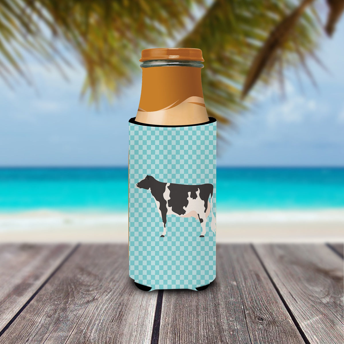 Holstein Cow Blue Check Slim Can Hugger , Insulated Foam Hugger for 12 oz Slim Cans, Beer Bottles & Water Bottles, Printed in USA