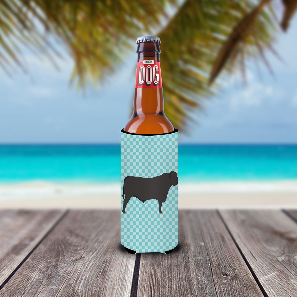 Black Angus Cow Blue Check Slim Can Hugger , Insulated Foam Hugger for 12 oz Slim Cans, Beer Bottles & Water Bottles, Printed in USA