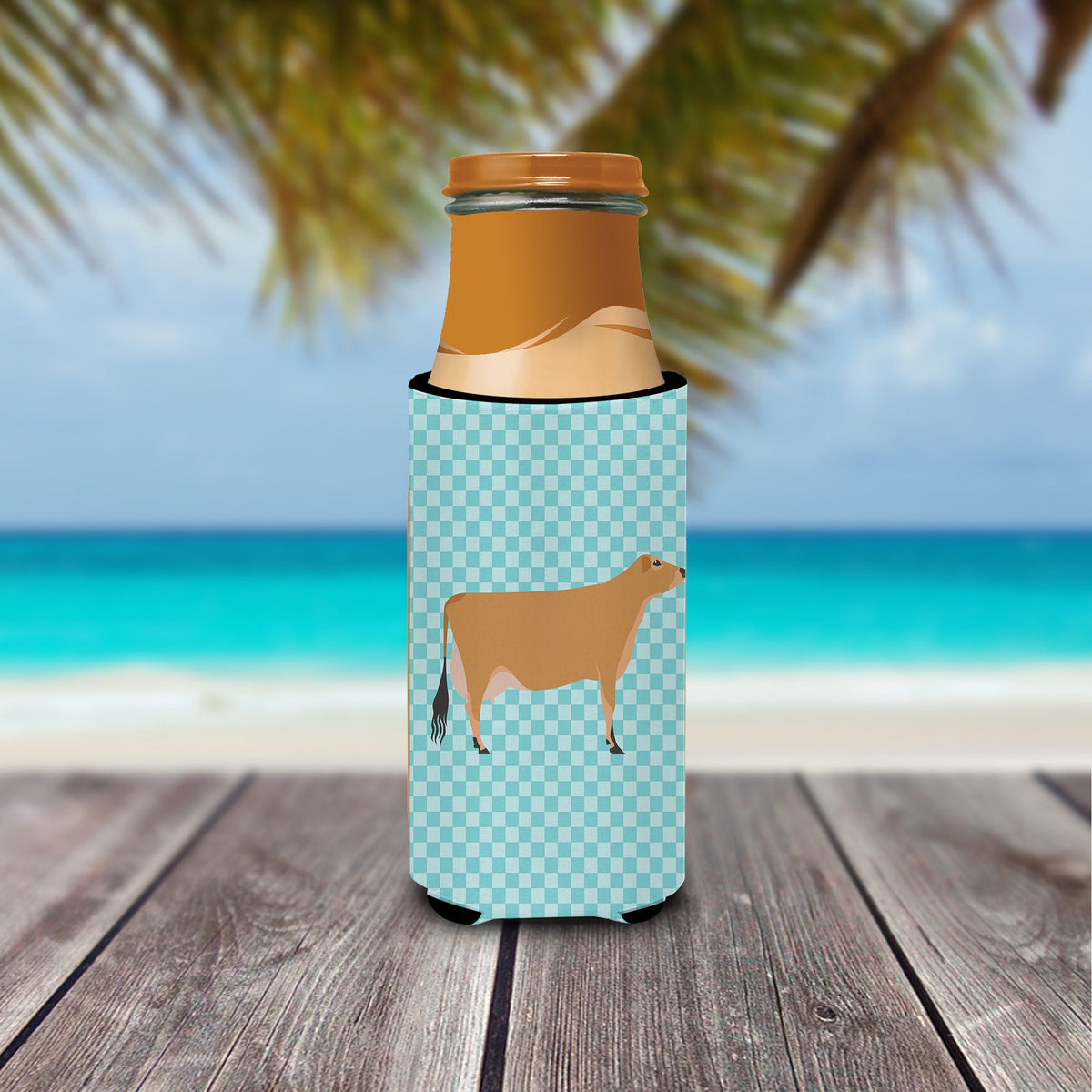 Jersey Cow Blue Check Slim Can Hugger , Insulated Foam Hugger for 12 oz Slim Cans, Beer Bottles & Water Bottles, Printed in USA