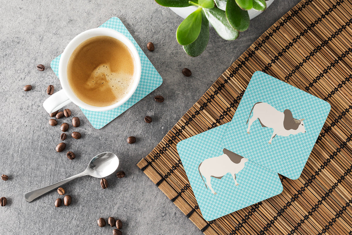 Malvi Cow Blue Check Foam Coasters Set of 4 Cup Coasters for Indoor Outdoor, Tabletop Protection, Anti Slip, Mouse pad Material