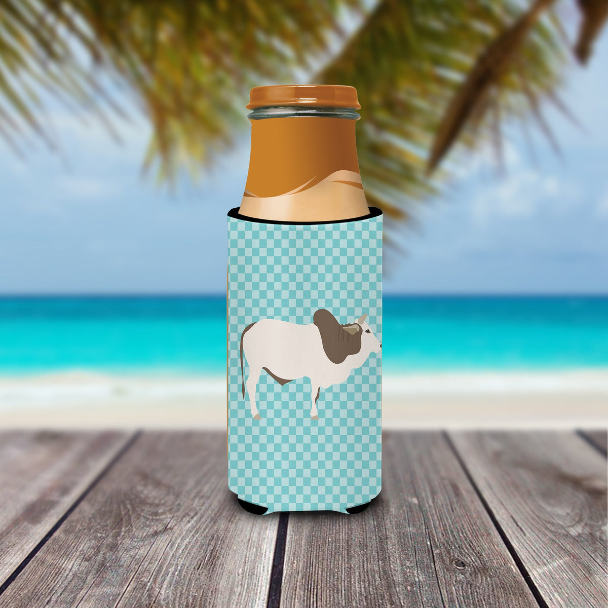 Malvi Cow Blue Check Slim Can Hugger , Insulated Foam Hugger for 12 oz Slim Cans, Beer Bottles & Water Bottles, Printed in USA