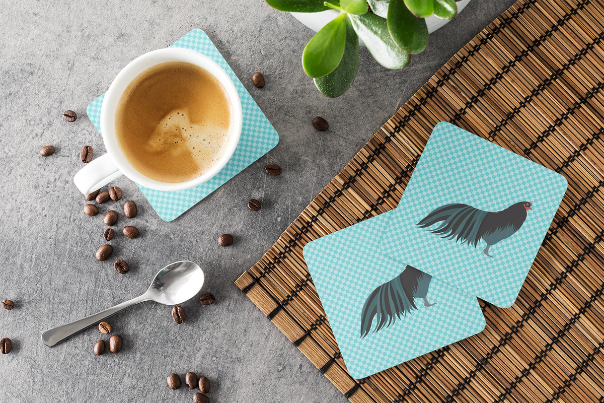 Sumatra Chicken Blue Check Foam Coasters Set of 4 Cup Coasters for Indoor Outdoor, Tabletop Protection, Anti Slip, Mouse pad Material