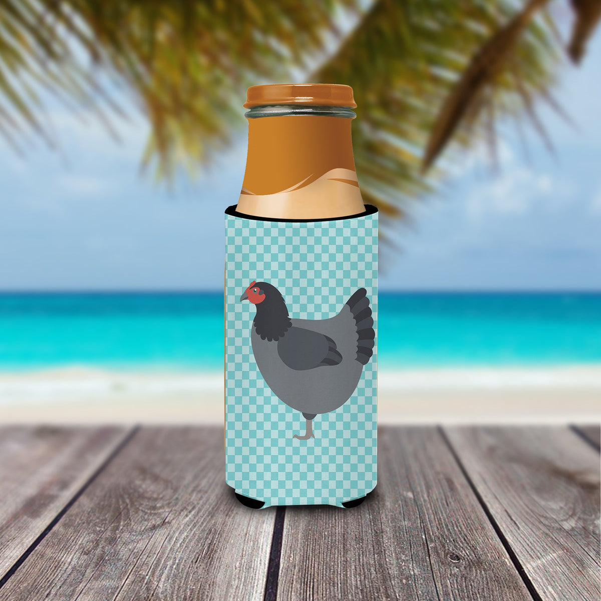 Jersey Giant Chicken Blue Check Slim Can Hugger , Insulated Foam Hugger for 12 oz Slim Cans, Beer Bottles & Water Bottles, Printed in USA