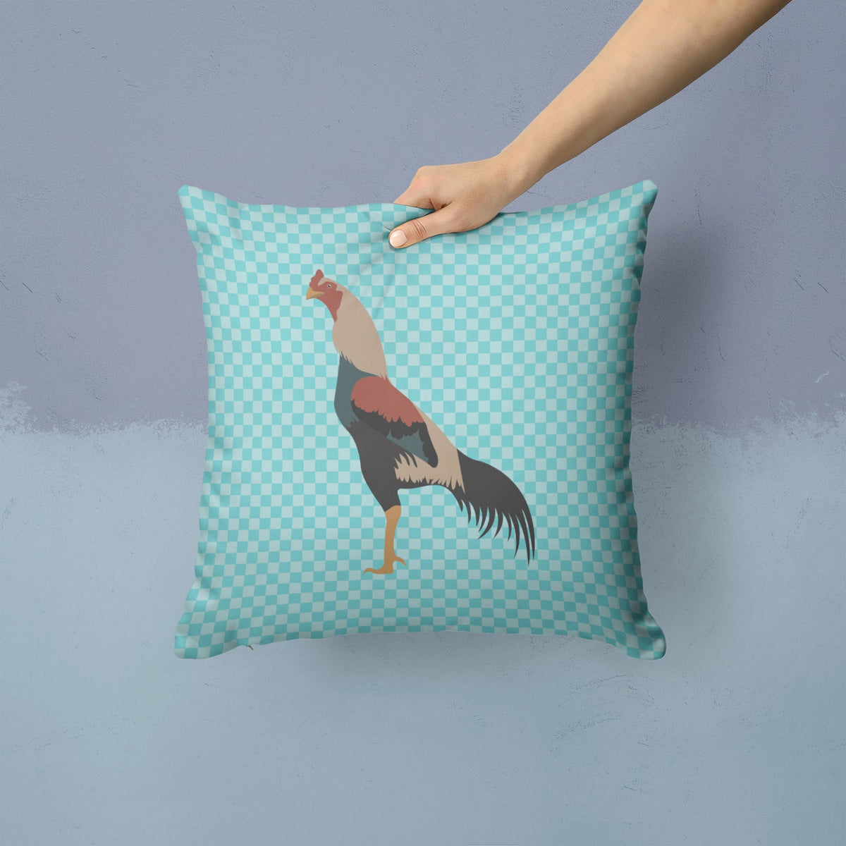 Kulang Chicken Blue Check Decorative Throw Pillow 14x14 Indoor Outdoor Accent Cushion, Fabric Cover with Insert for Sofa, Bed, Porch & Living Room