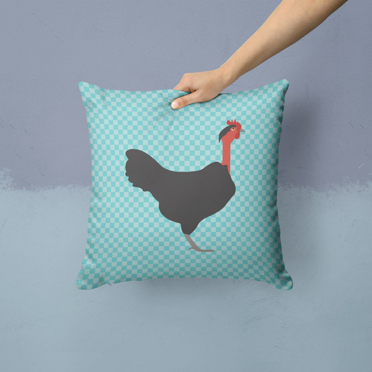 Naked Neck Chicken Blue Check Decorative Throw Pillow 14x14 Indoor Outdoor Accent Cushion, Fabric Cover with Insert for Sofa, Bed, Porch & Living Room