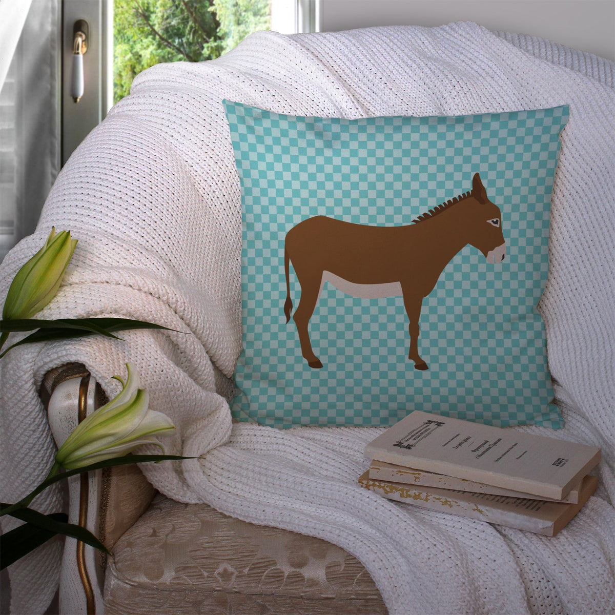 Cotentin Donkey Blue Check Decorative Throw Pillow 14x14 Indoor Outdoor Accent Cushion, Fabric Cover with Insert for Sofa, Bed, Porch & Living Room