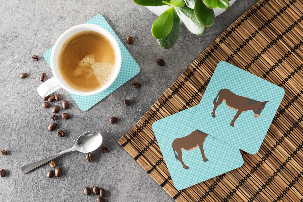 Zamorano-Leones Donkey Blue Check Foam Coasters Set of 4 Cup Coasters for Indoor Outdoor, Tabletop Protection, Anti Slip, Mouse pad Material