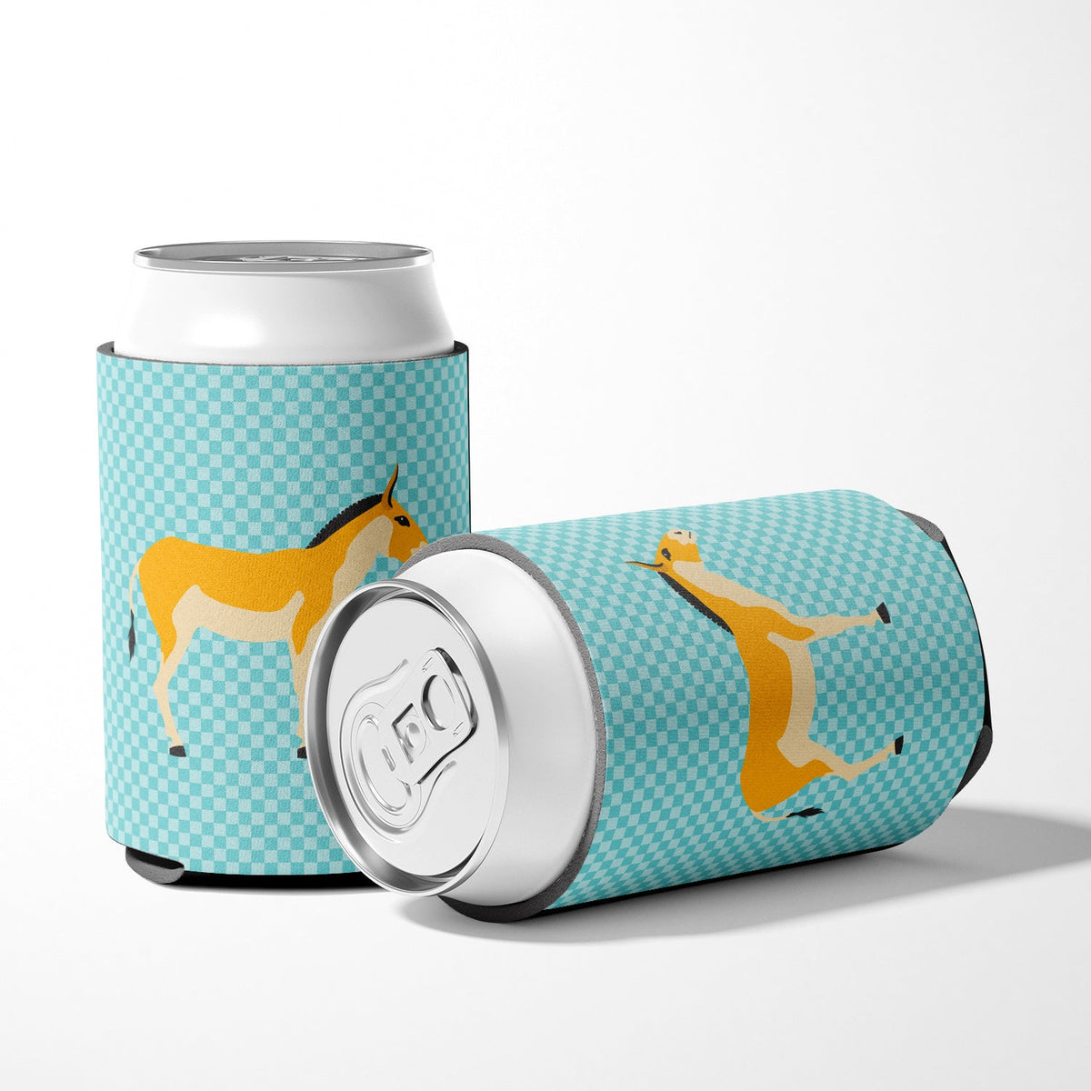 Turkmenian Kulan Donkey Blue Check Can or Bottle Hugger Cooler Sleeve for Standard 12 oz Cans, Insulated Foam Beer & Soda Can Hugger Reusable