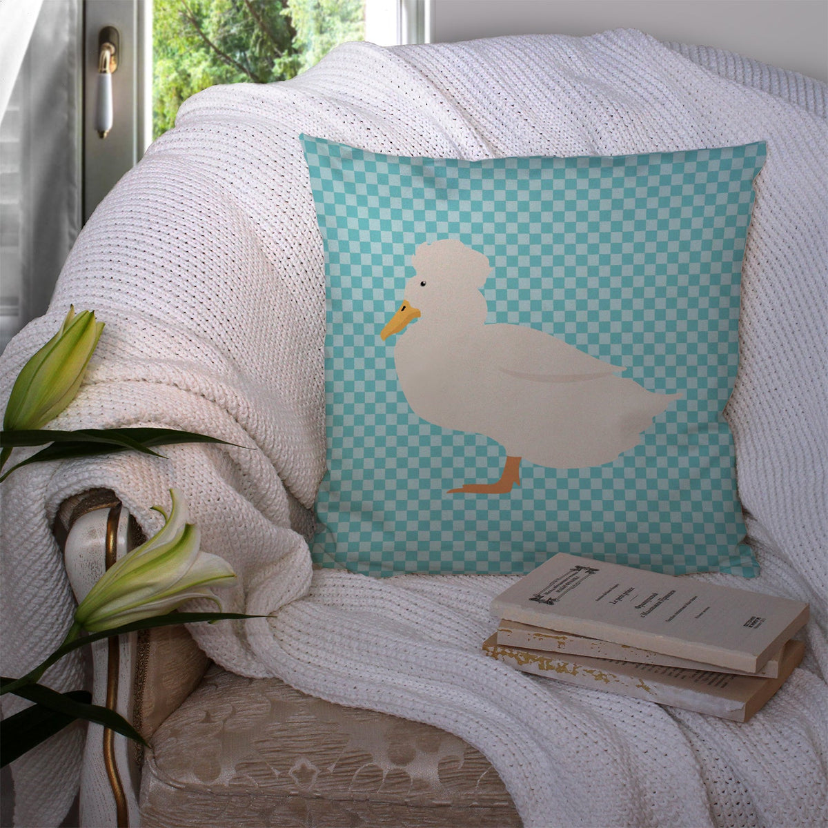 Crested Duck Blue Check Decorative Throw Pillow 14x14 Indoor Outdoor Accent Cushion, Fabric Cover with Insert for Sofa, Bed, Porch & Living Room