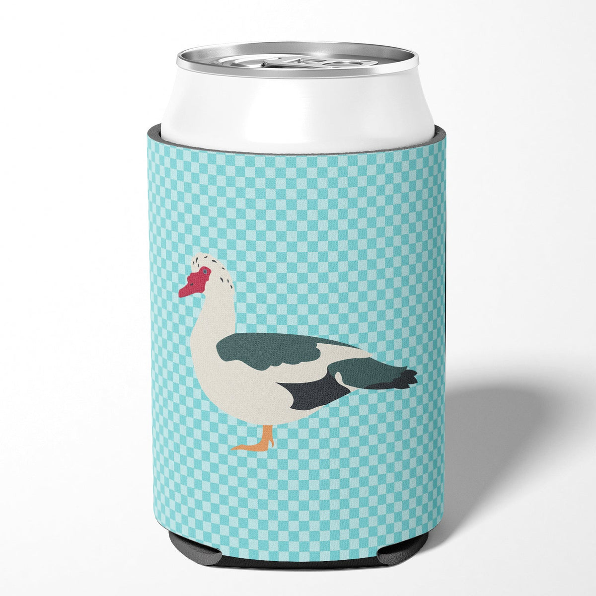 Muscovy Duck Blue Check Can or Bottle Hugger Cooler Sleeve for Standard 12 oz Cans, Insulated Foam Beer & Soda Can Hugger Reusable