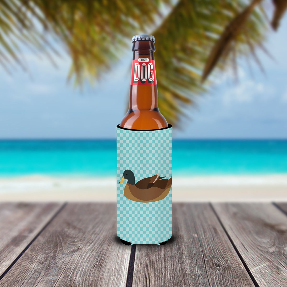 Khaki Campbell Duck Blue Check Slim Can Hugger , Insulated Foam Hugger for 12 oz Slim Cans, Beer Bottles & Water Bottles, Printed in USA
