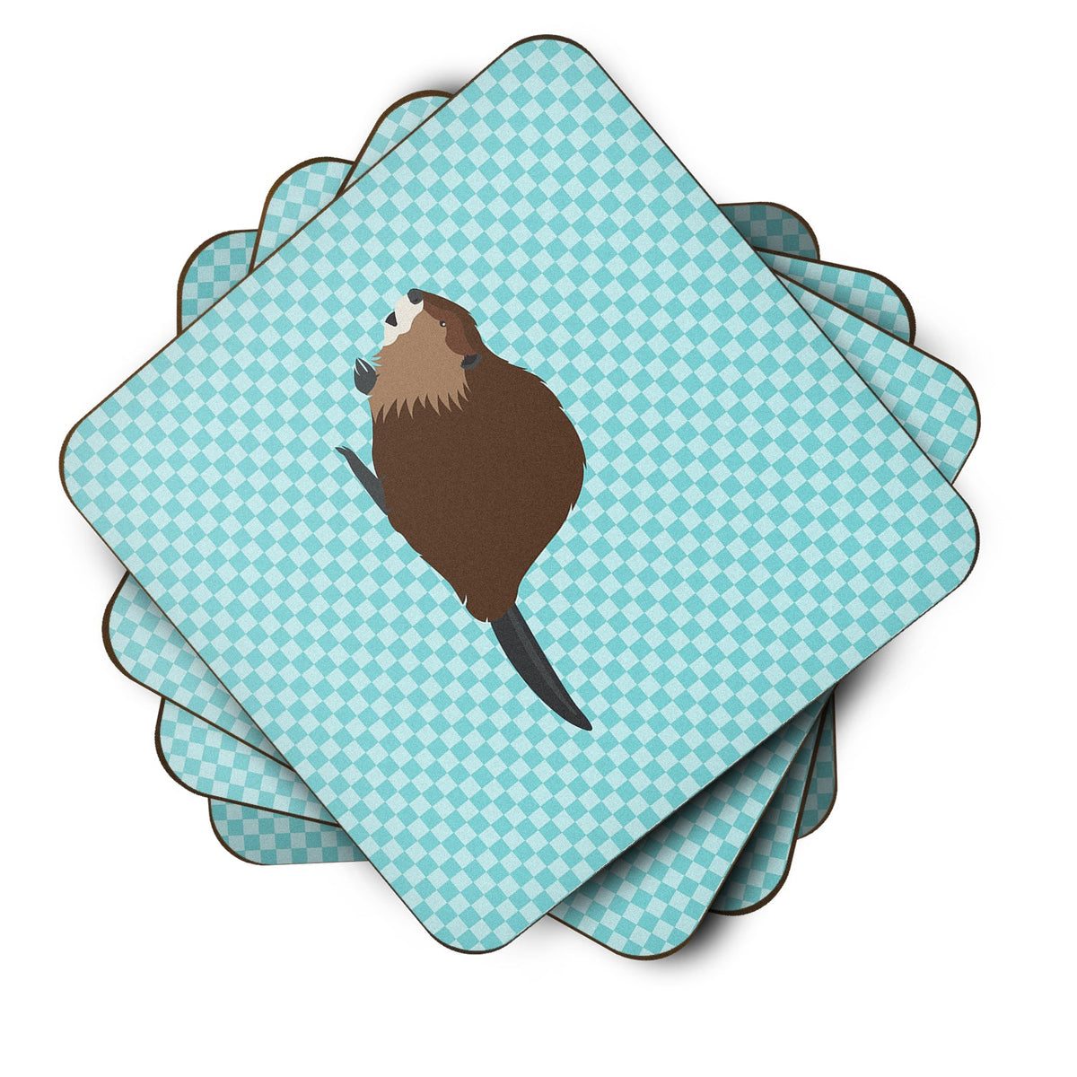 Eurasian Beaver Blue Check Foam Coasters Set of 4 Cup Coasters for Indoor Outdoor, Tabletop Protection, Anti Slip, Mouse pad Material