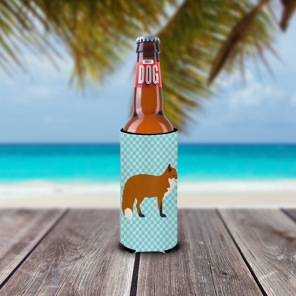 Red Fox Blue Check Slim Can Hugger , Insulated Foam Hugger for 12 oz Slim Cans, Beer Bottles & Water Bottles, Printed in USA