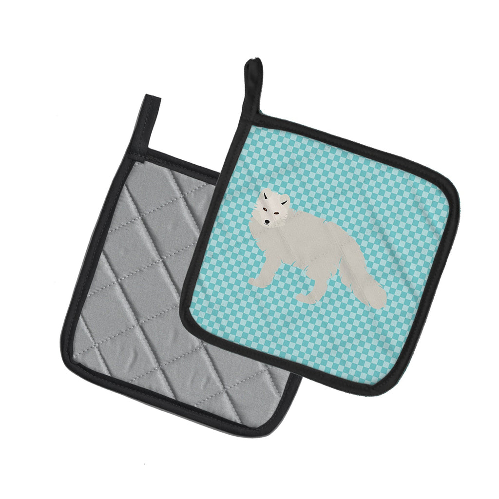 White Arctic Fox Blue Check Pot Holder Set of 2 Heat Resistant Quilted Hot Pads 7.5 x 7.5 Inch, Insulated Kitchen Trivets for Cooking & Baking
