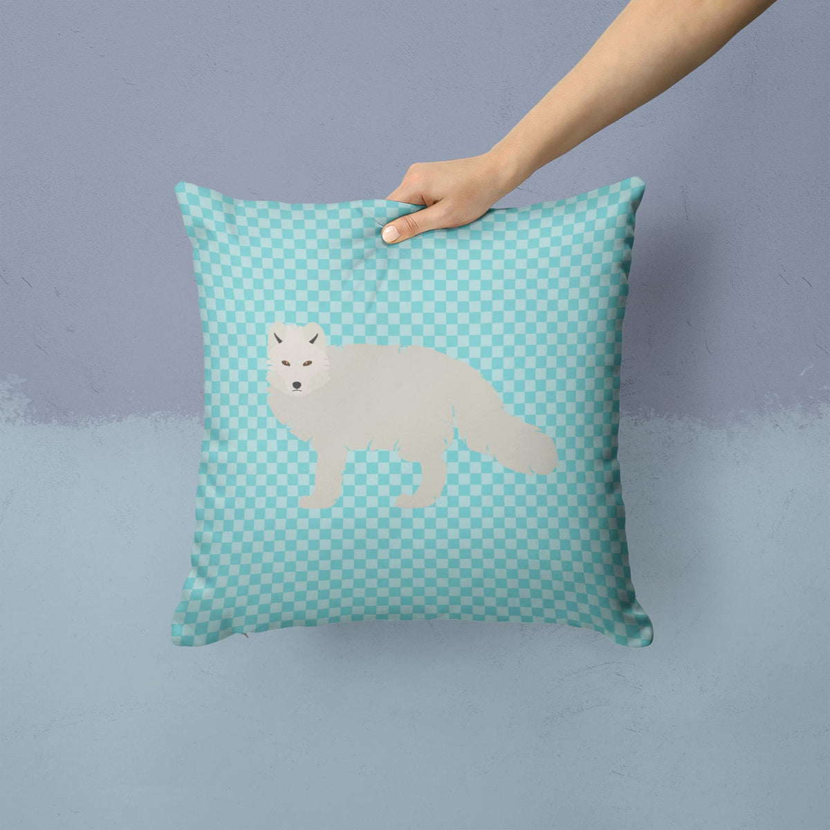 White Arctic Fox Blue Check Decorative Throw Pillow 14x14 Indoor Outdoor Accent Cushion, Fabric Cover with Insert for Sofa, Bed, Porch & Living Room
