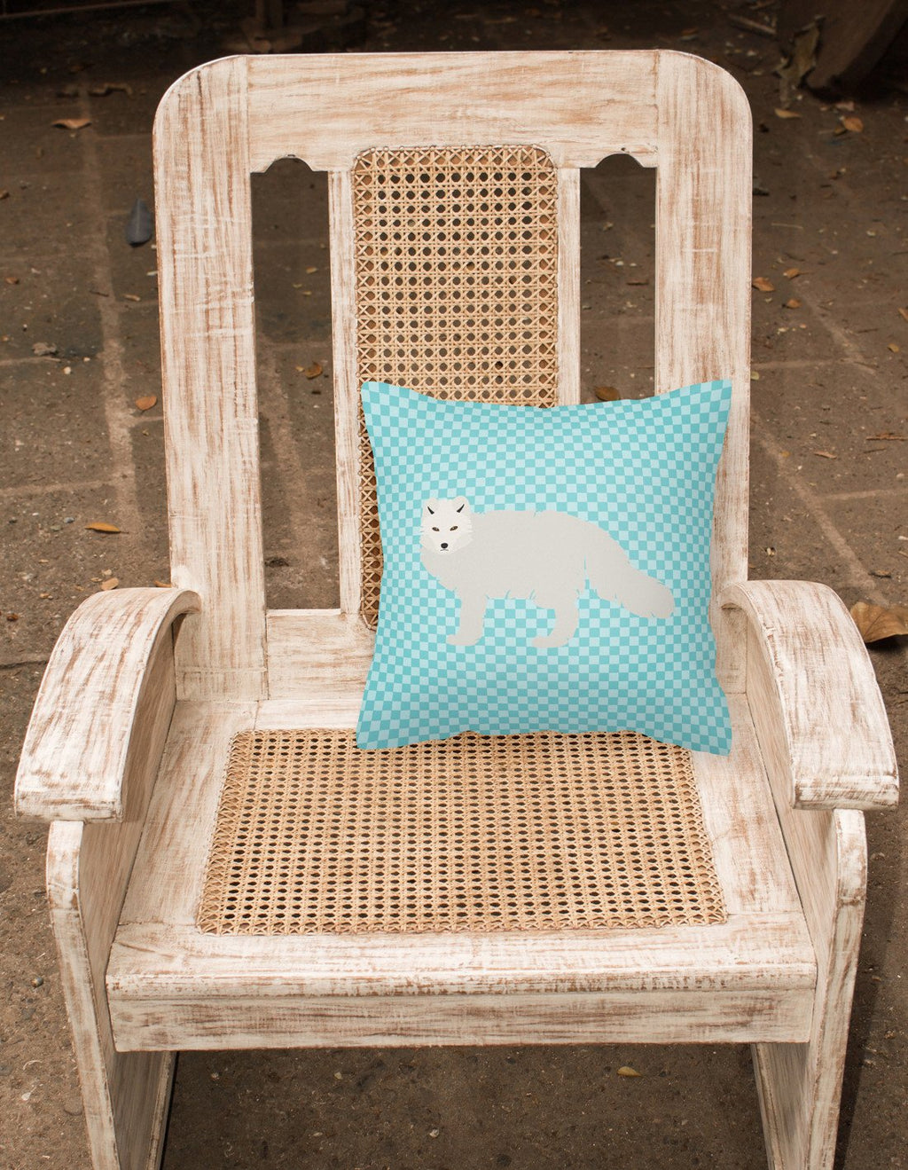 White Arctic Fox Blue Check Decorative Throw Pillow 18x18 Indoor Outdoor Accent Cushion, Fabric Cover with Insert for Sofa, Bed, Porch & Living Room
