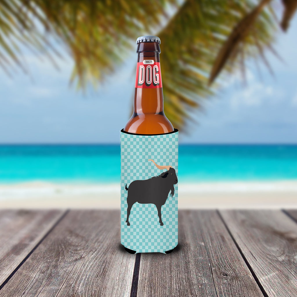 Verata Goat Blue Check Slim Can Hugger , Insulated Foam Hugger for 12 oz Slim Cans, Beer Bottles & Water Bottles, Printed in USA