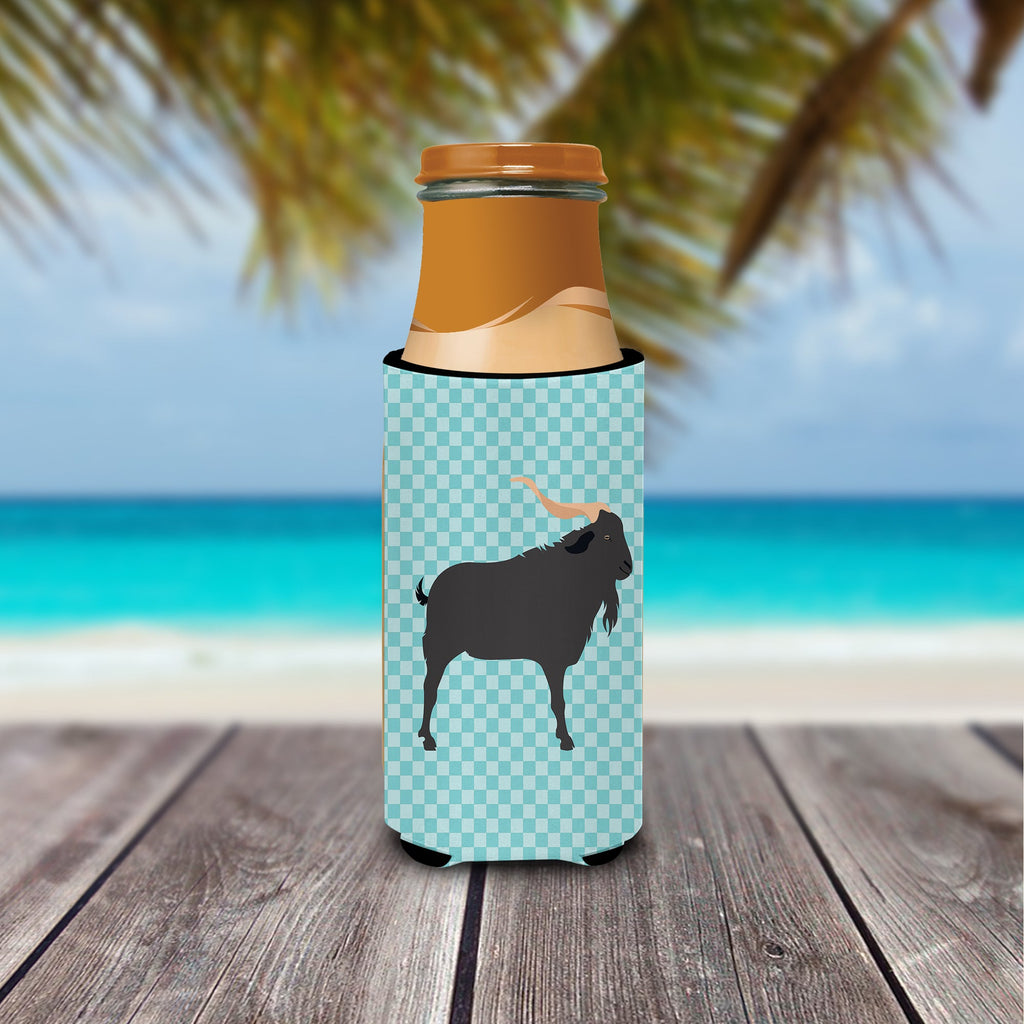 Verata Goat Blue Check Slim Can Hugger , Insulated Foam Hugger for 12 oz Slim Cans, Beer Bottles & Water Bottles, Printed in USA