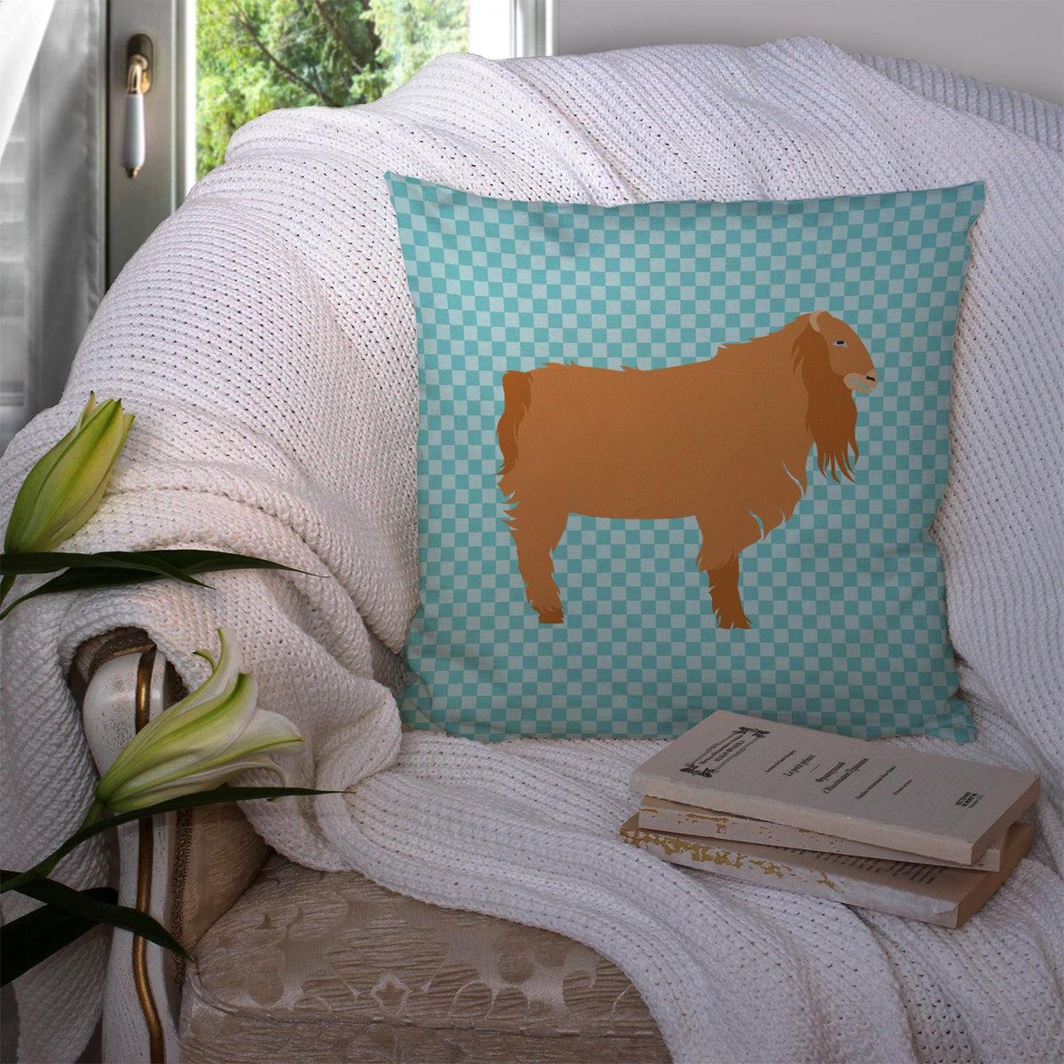 American Lamancha Goat Blue Check Decorative Throw Pillow 14x14 Indoor Outdoor Accent Cushion, Fabric Cover with Insert for Sofa, Bed, Porch & Living Room
