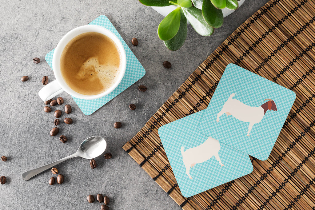 Boer Goat Blue Check Foam Coasters Set of 4 Cup Coasters for Indoor Outdoor, Tabletop Protection, Anti Slip, Mouse pad Material