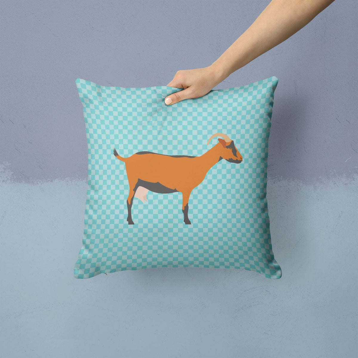 Oberhasli Goat Blue Check Decorative Throw Pillow 14x14 Indoor Outdoor Accent Cushion, Fabric Cover with Insert for Sofa, Bed, Porch & Living Room