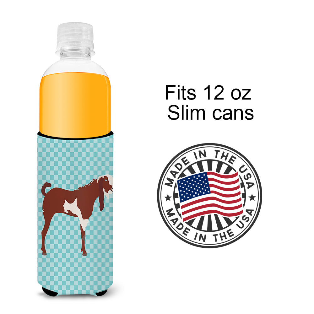 Jamnapari Goat Blue Check Slim Can Hugger , Insulated Foam Hugger for 12 oz Slim Cans, Beer Bottles & Water Bottles, Printed in USA