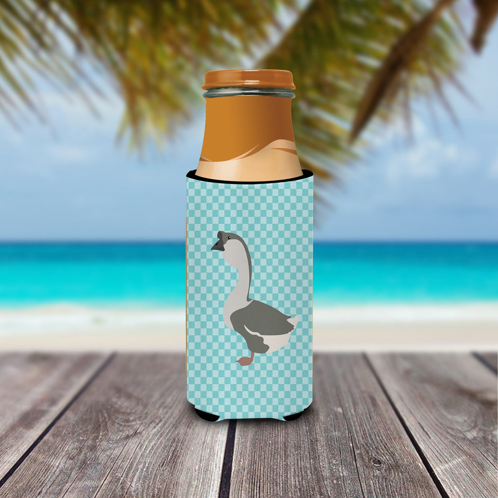 African Goose Blue Check Slim Can Hugger , Insulated Foam Hugger for 12 oz Slim Cans, Beer Bottles & Water Bottles, Printed in USA
