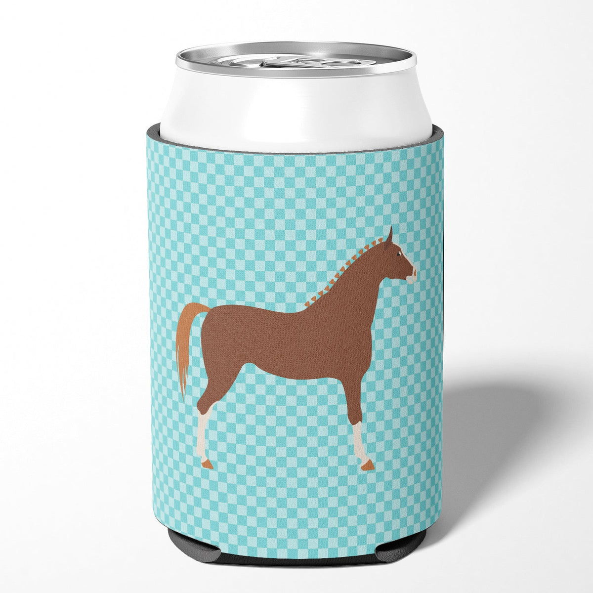 Hannoverian Horse Blue Check Can or Bottle Hugger Cooler Sleeve for Standard 12 oz Cans, Insulated Foam Beer & Soda Can Hugger Reusable