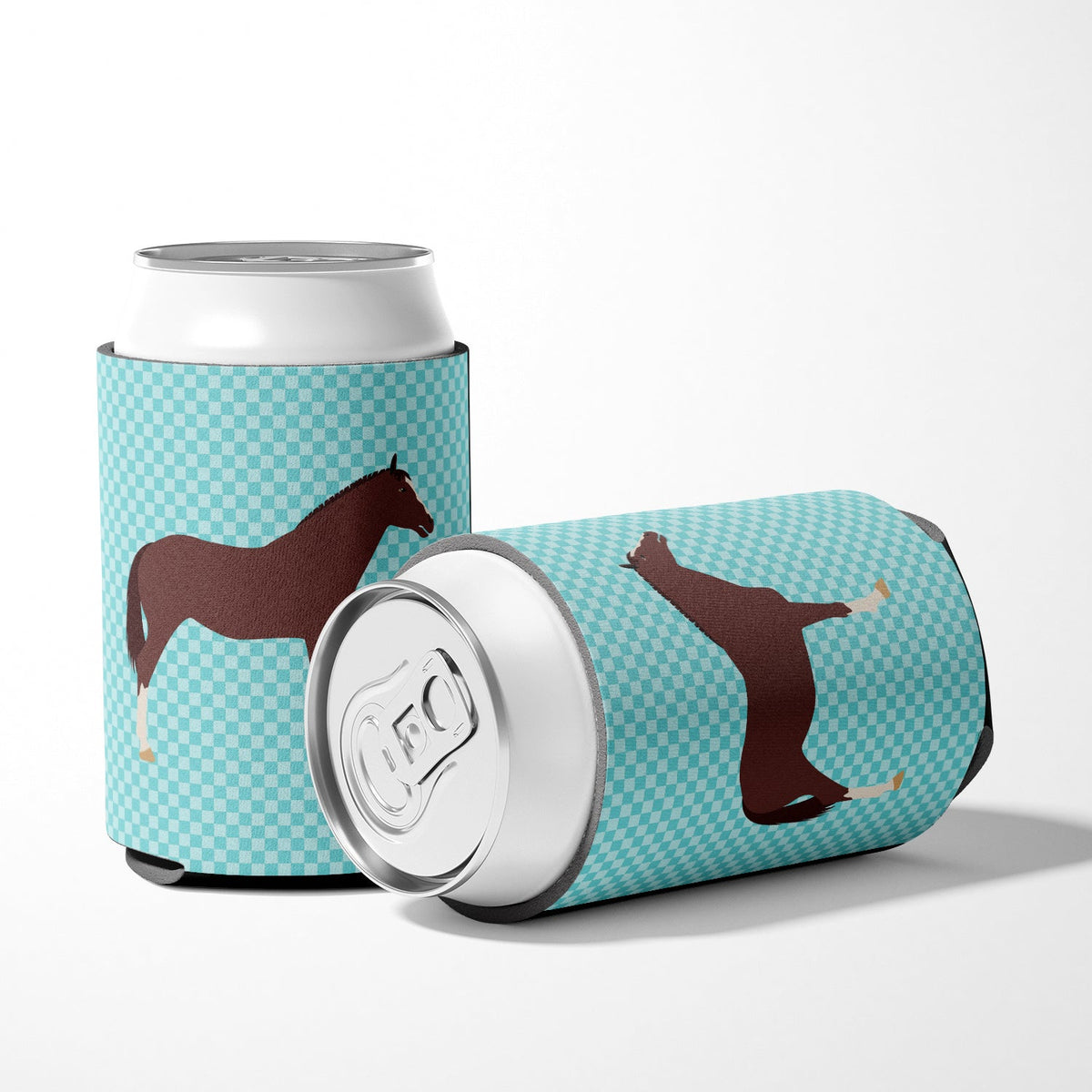 English Thoroughbred Horse Blue Check Can or Bottle Hugger Cooler Sleeve for Standard 12 oz Cans, Insulated Foam Beer & Soda Can Hugger Reusable